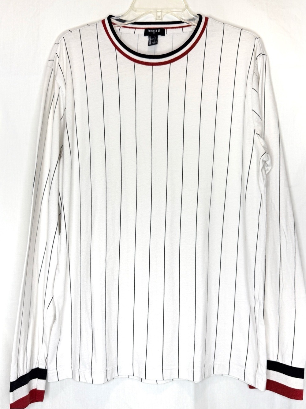 Forever 21 White Long Sleeve Tee With Black Pinstripes And Red Embroidered Rose